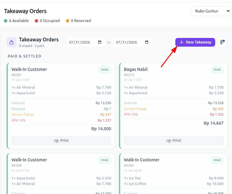 Klik New Takeaway
